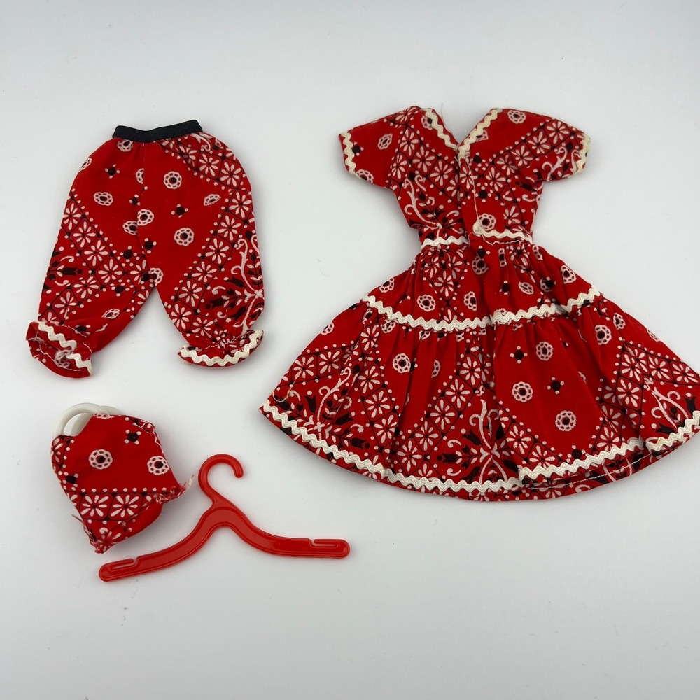 Vintage Barbie Red Bandana Print Dress Pants Outfit w Purse Hanger